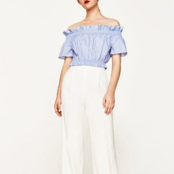 Zara Blue and White striped off the shoulder Crop Top w/ Bow Back Size S Preppy - Picture 1 of 13